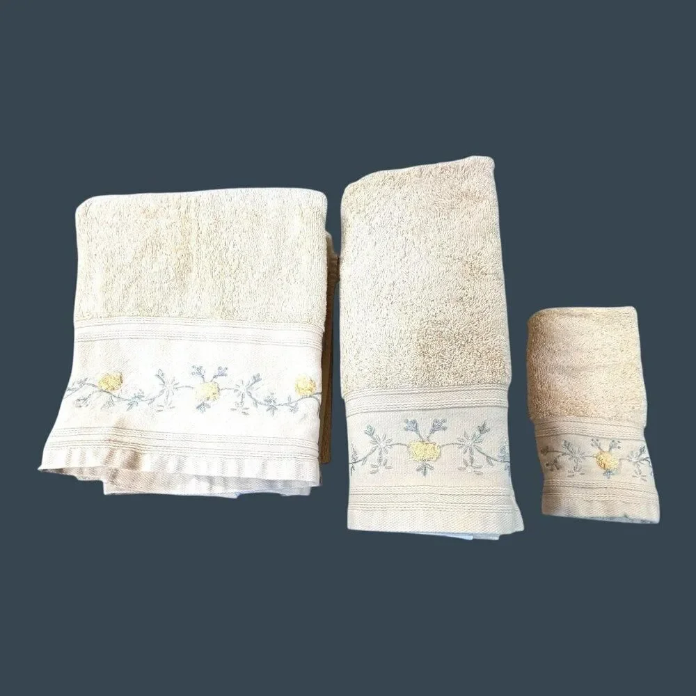 Home Spa Embroidered Floral Bath Towel Portugal Set Of 7 Cotton Beige READ